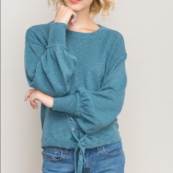 BLUE COTTON TIE FRONT BALLOON SLEEVE SWEATER - Picture 3 of 7